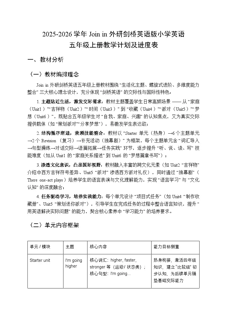 2025-2026学年Join in 外研剑桥英语小学英语五年级上册教学计划及进度表第1页