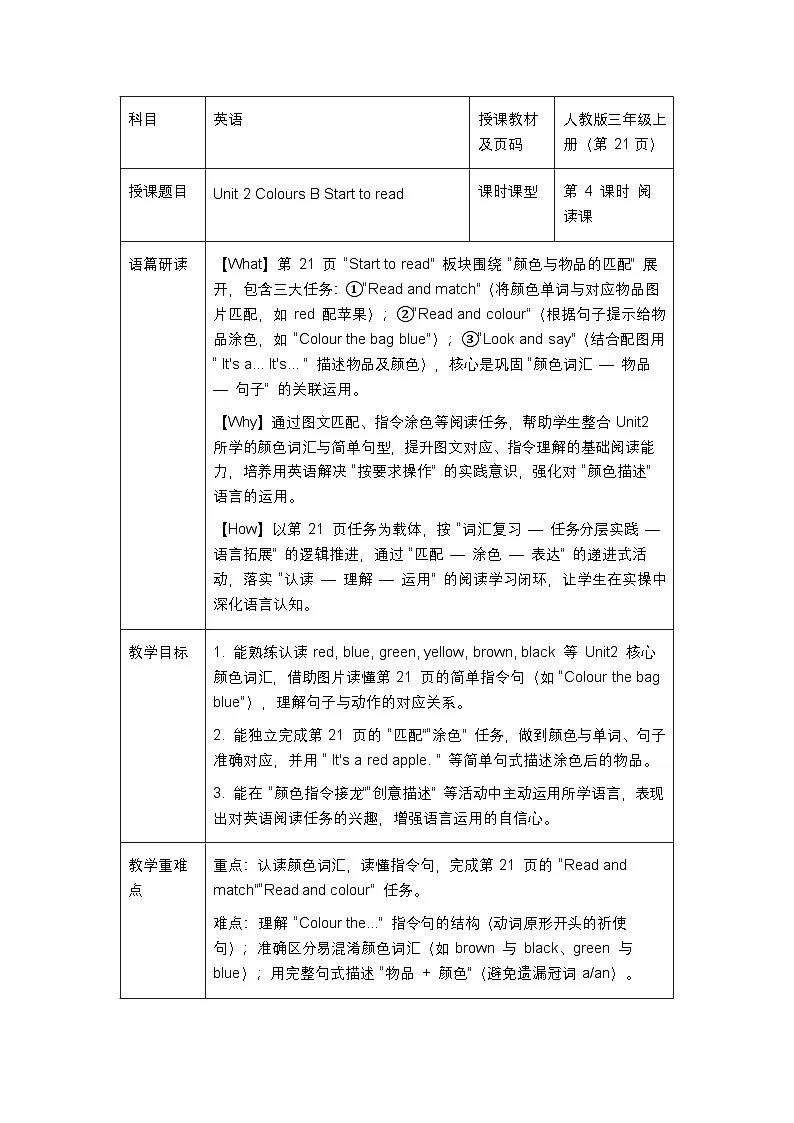 人教版2024小学英语三年级上册 Unit2BStart to read表格式教案第1页