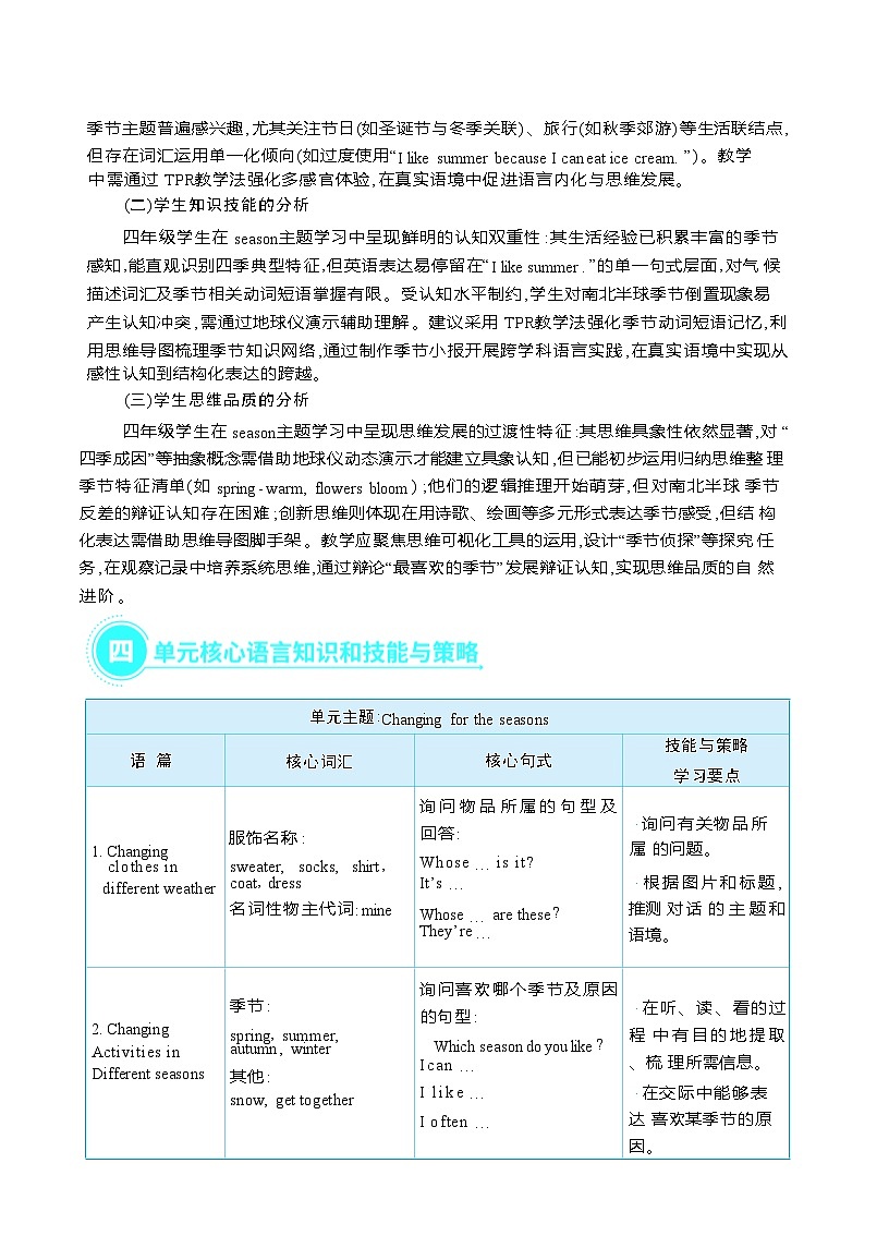 Unit 6 Changing for the seasons 单元教学设计 (表格式)人教PEP英语四年级上册第3页