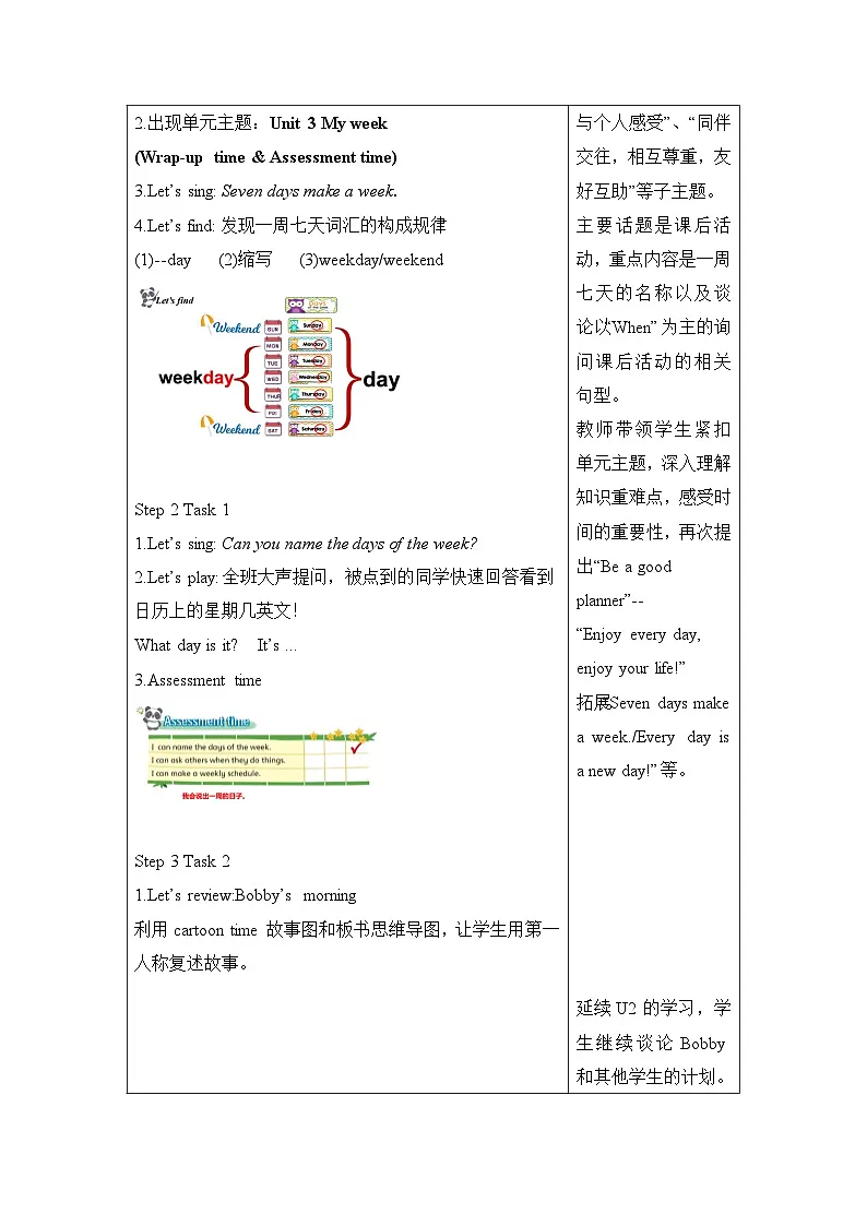 译林版(三起)(2024)四年级上册英语Unit 3 My week 教案【表格式】第2页