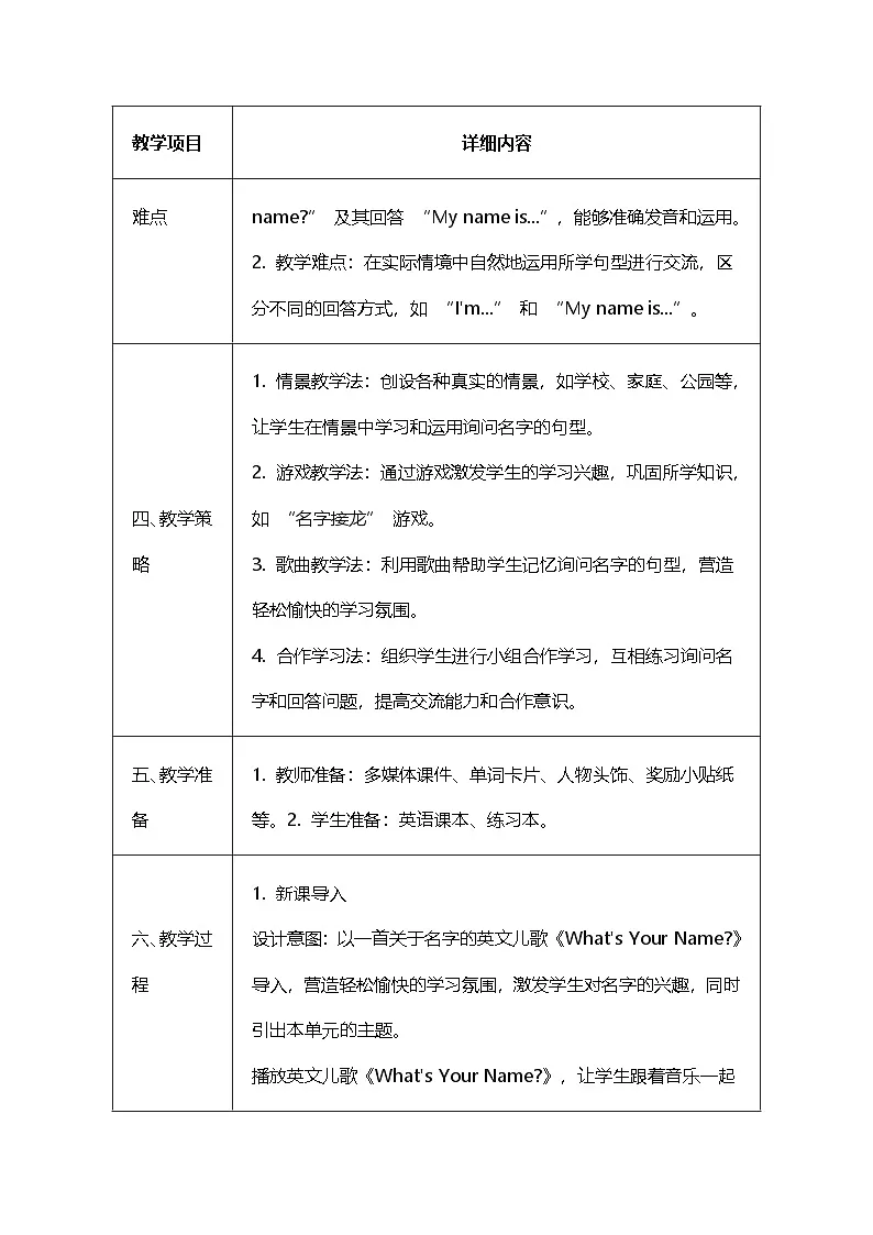 湘少版(三起)(2024)三年级上册英语Unit 2 What's your name?教案【表格式】第2页