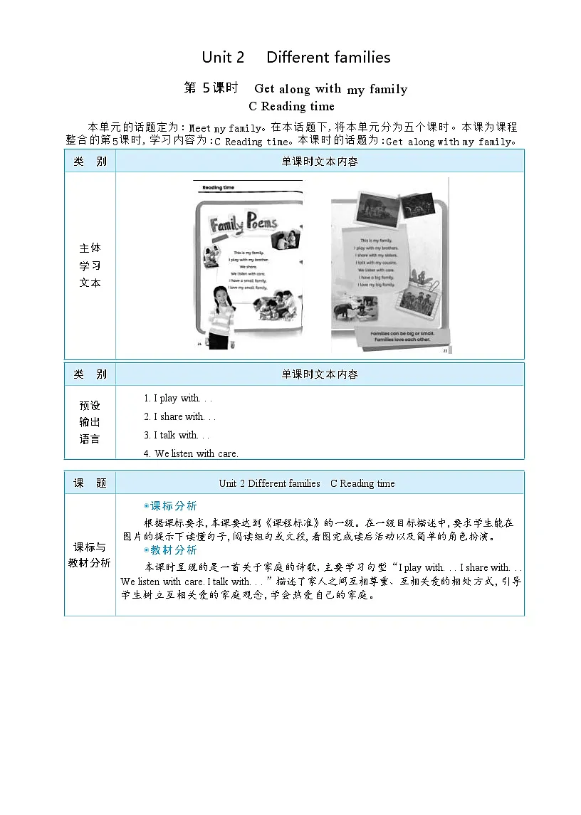 2025秋(新教材)三年级英语上册Unit 2 Different families Part C Reading time大单元整体教学设计第1页