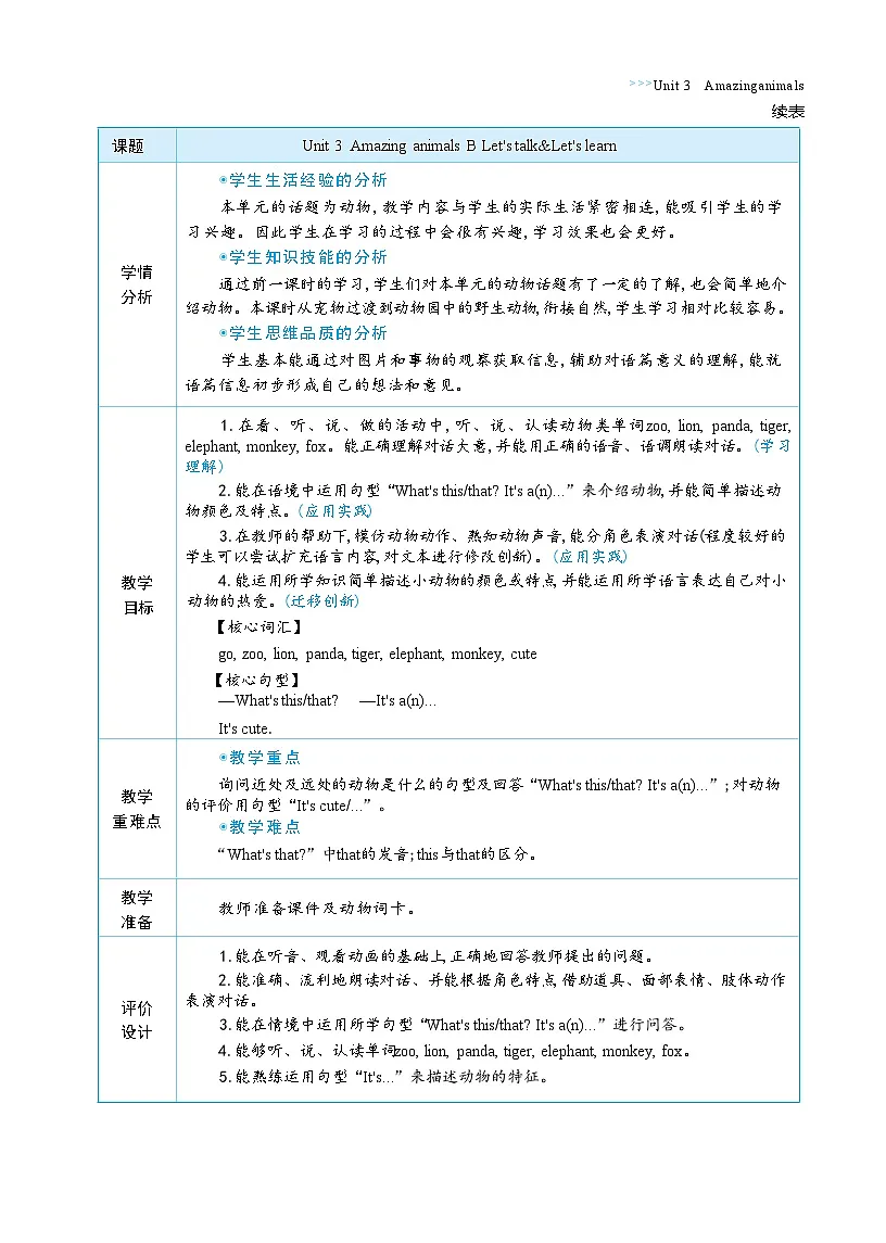 2025秋(新教材)三年级英语上册Unit 3 Amazing animals Part B Let's talk+Let's learn大单元整体教学设计第2页