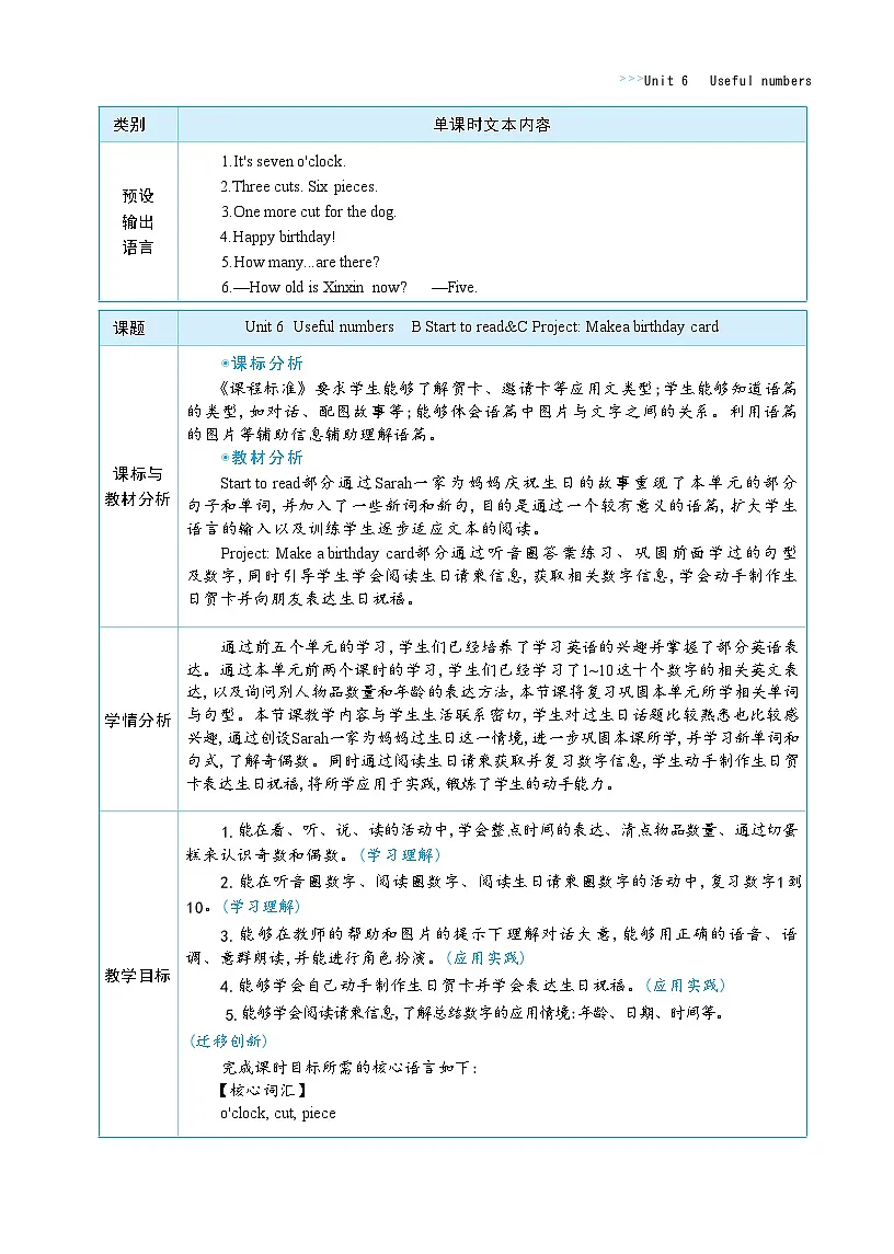 2025秋(新教材)三年级英语上册Unit 6 Useful numbers Part B Start to read + C Project Make a birthday card大单元整体教学设计第2页