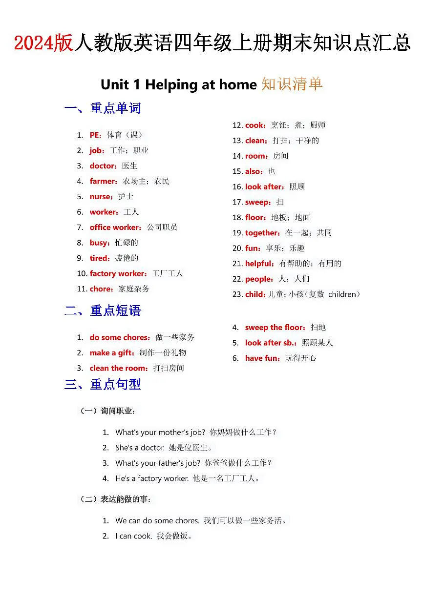 2024版人教版英语四年级上册期末知识点汇总第1页