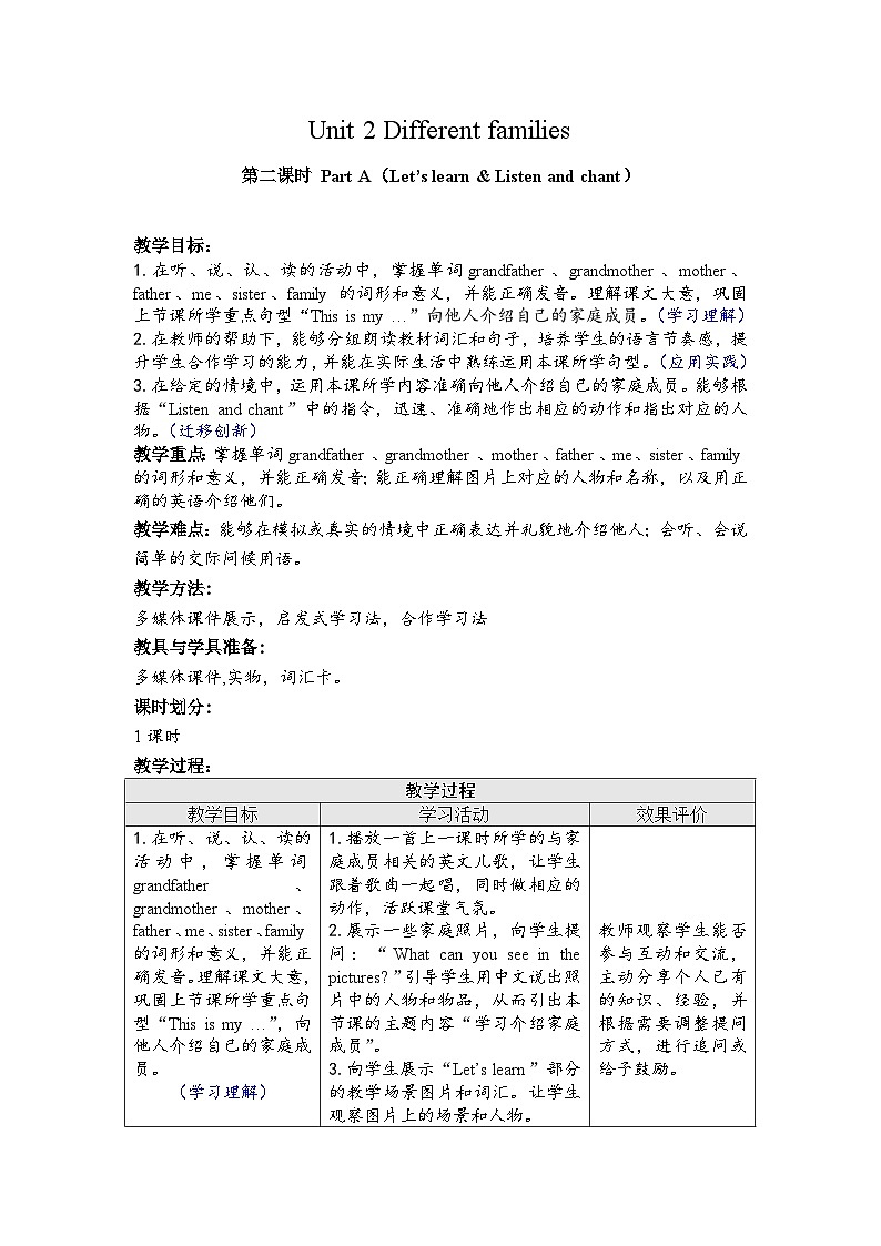 Unit2 Different families Part A Let's learn & Listen and chant(第2课时) 2025-2026新版人教PEP版三年级英语上册 教案第1页