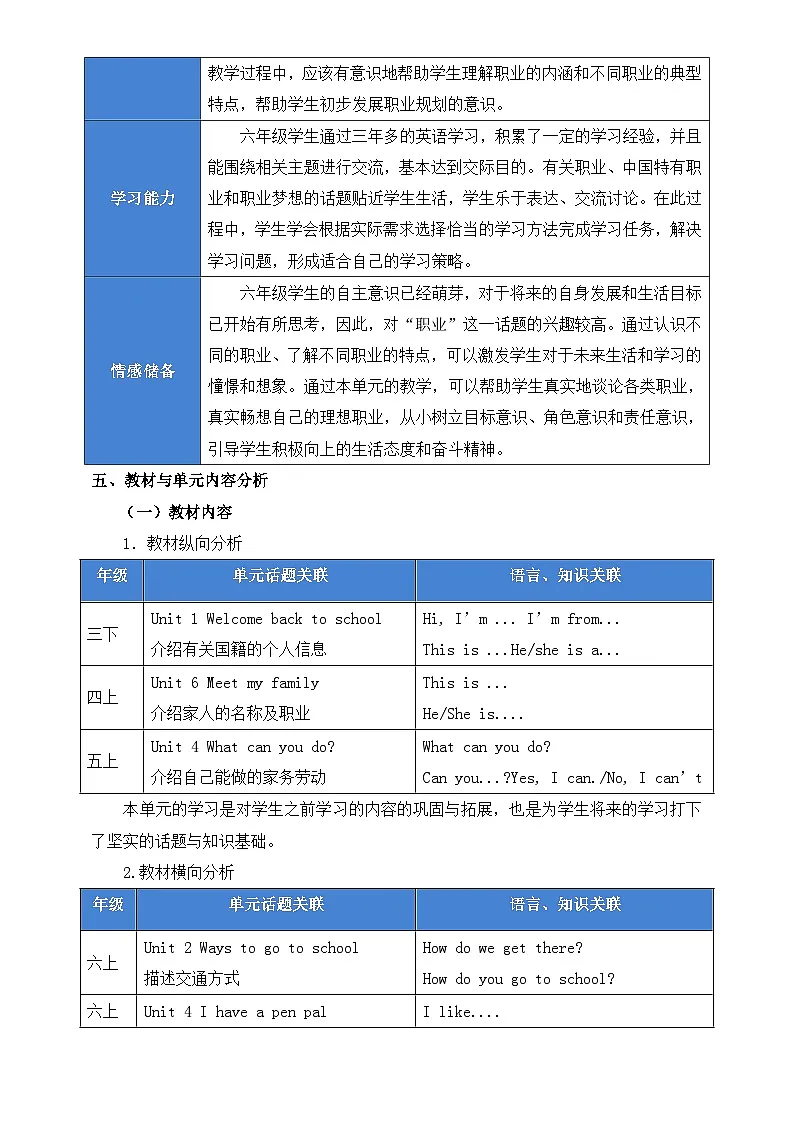 人教PEP版六年级上册英语Unit 5 What does he do?单元整体教学设计第3页