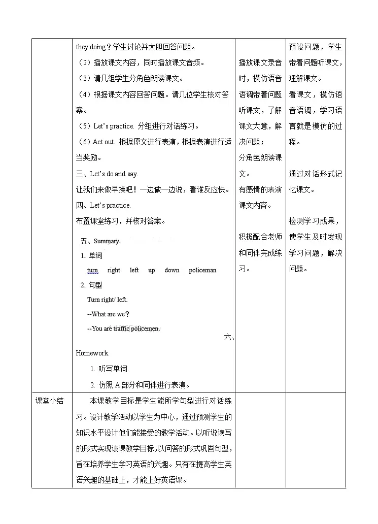 湘少版四年级上册英语Unit 6Turn right教案(表格式)第2页