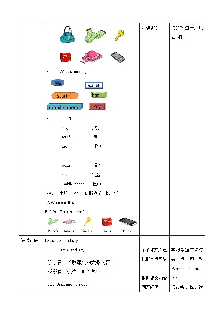 湘少版四年级上册英语Unit 7 Whose is this教案(表格式)第2页