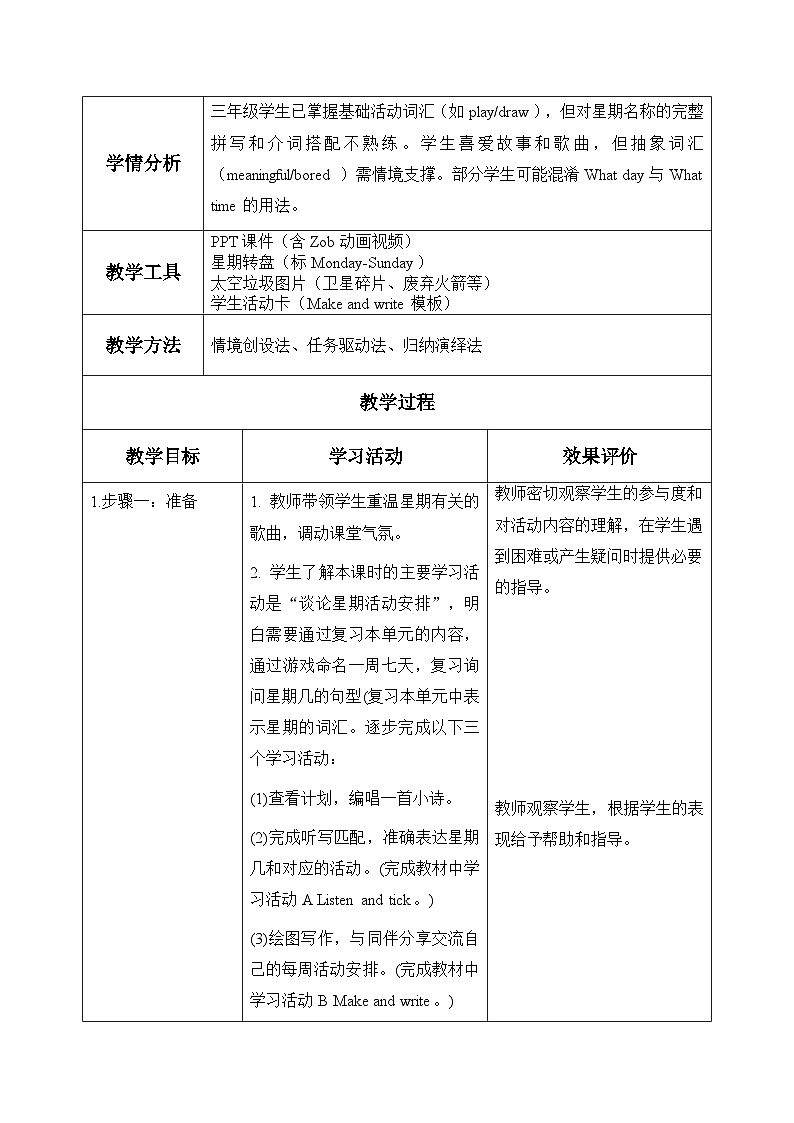译林版英语四年级上册 Unit 3 My week第3课时 Wrap-up time&Extended reading(表格式教案)第3页