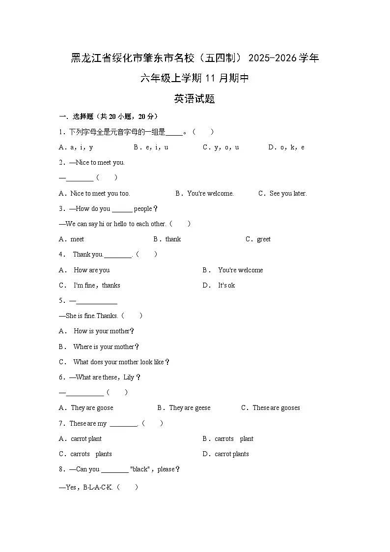 黑龙江省绥化市肇东市名校(五四制)2025-2026学年六年级上学期11月期中英语试卷(学生版)第1页