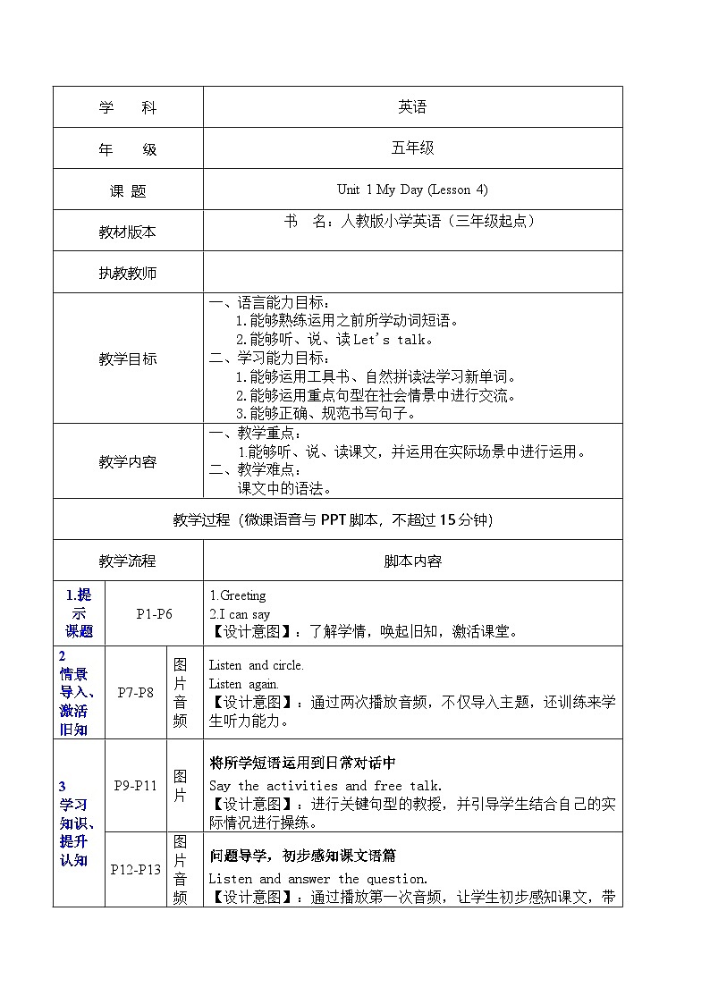 Unit 1 My Day Part B+Let's talk(教案)五年级英语下册 人教PEP第1页