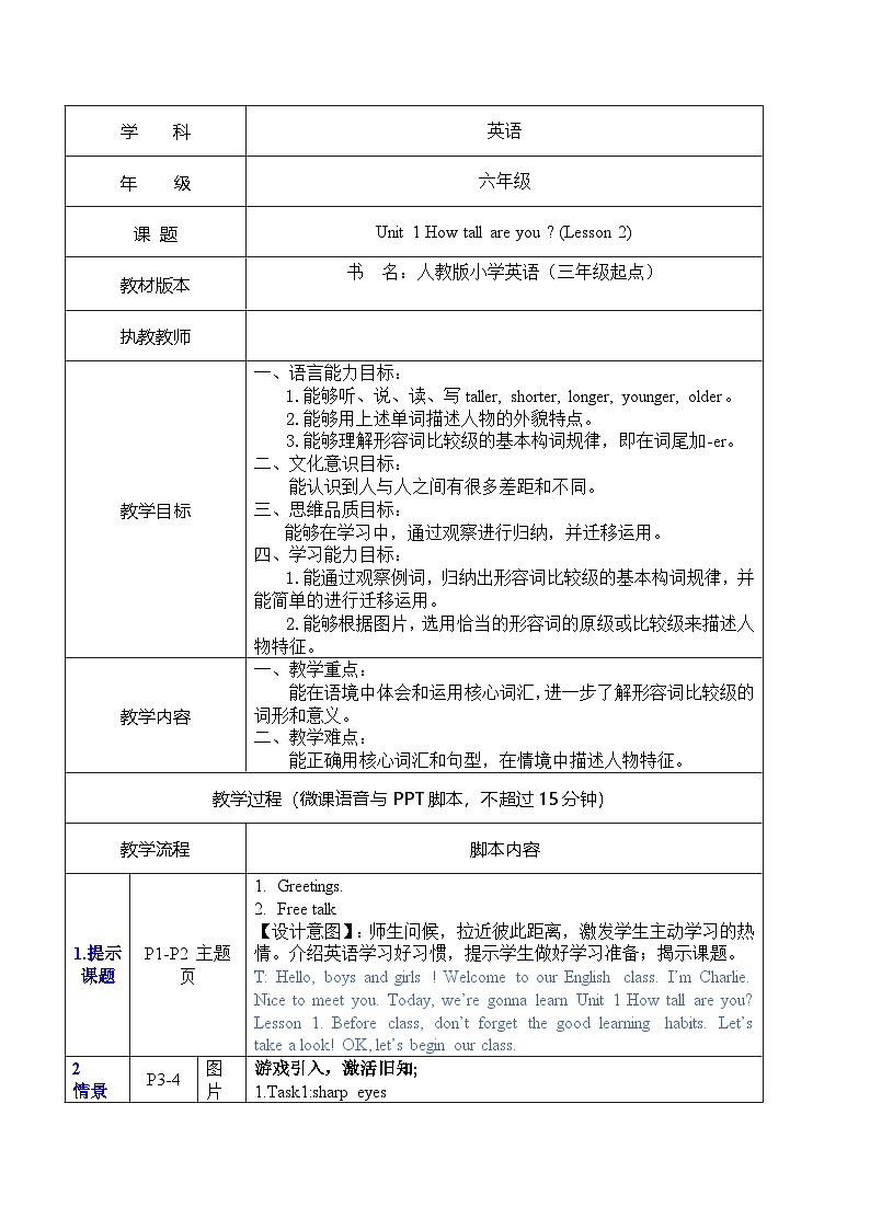 Unit 1 How tall are you_ Part A Let’s learn(表格式教案)人教PEP六年级英语下册第1页