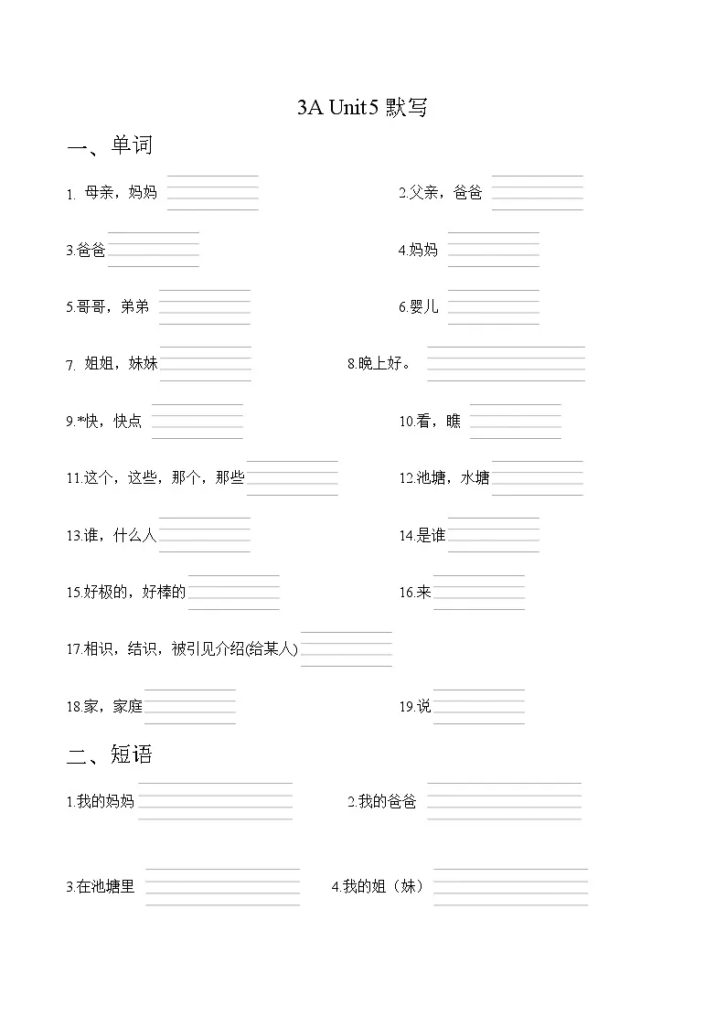 译林版英语三年级上册Unit5 She's my mother 单词短语句子默写抄写(知识清单)第1页
