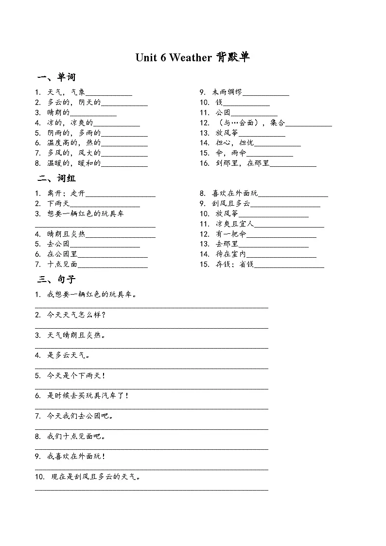 译林版英语四年级上册Unit 6 Weather单词+重点词句背默练习(有答案)第1页
