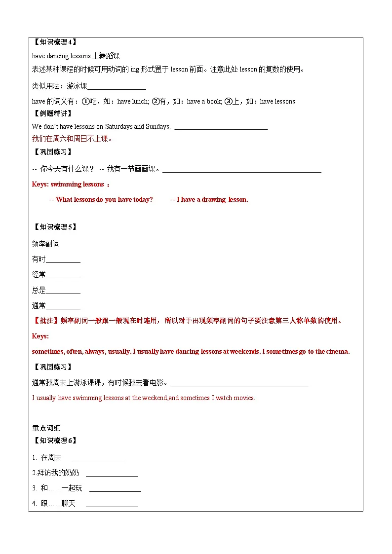 译林版英语五年级上册讲义之Unit7 At the weekends(上)-教师版(无答案)第3页