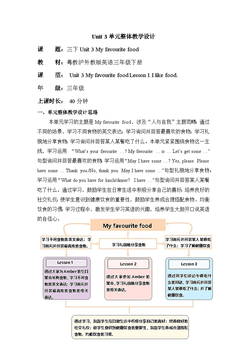 Unit 3 My favourite food Lesson 1 I like food 单元教学设计粤教沪外教版英语三年级下册第1页