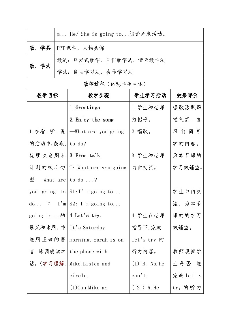人教版(PEP)小学英语六年级上册 Unit 3 My weekend plan Part A Let’s try&Let’s talk 教案第3页