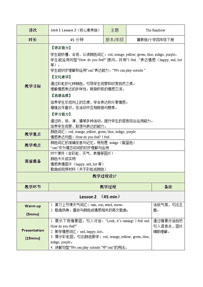【教案】冀教版(三起)小学英语四年级下册Unit 1 Lesson 2 The Rainbow第1页