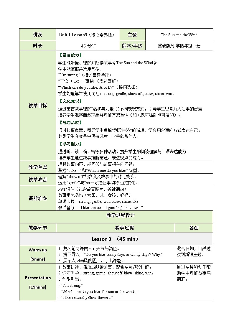 【教案】冀教版(三起)小学英语四年级下册Unit 1 Lesson 3 The Sun and the Wind第1页