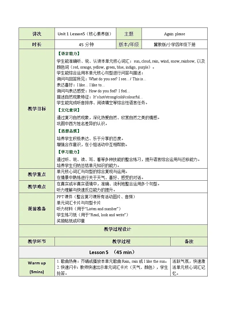 【教案】冀教版(三起)小学英语四年级下册Unit 1 Lesson 5 Again please第1页