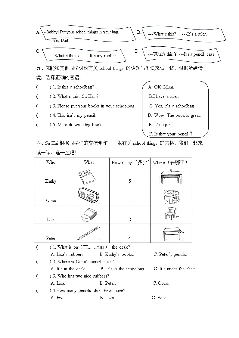 译林版英语三年级下册Unit1School things作业单2第2页