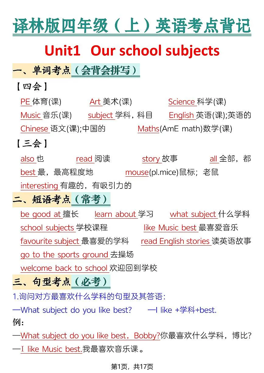 四年级(上)英语 考点背记《译林版》学案第1页