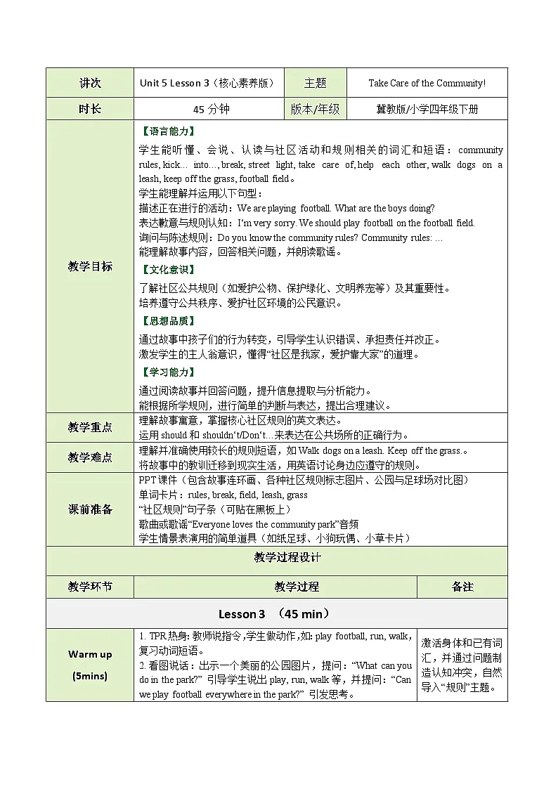【教案】冀教版(三起)小学英语四年级下册Unit 5 Lesson 3 Take Care of the Community!第1页