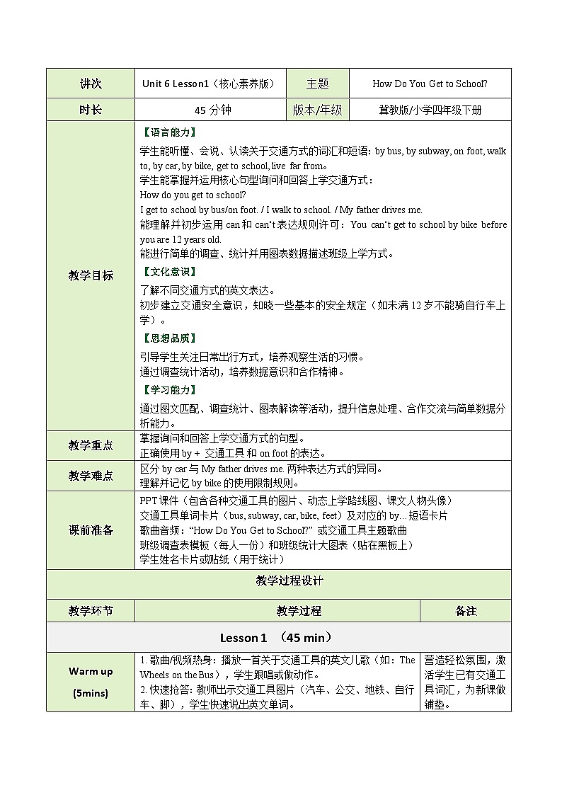 【教案】冀教版(三起)小学英语四年级下册Unit 6 Lesson 1 How Do You Get to School第1页