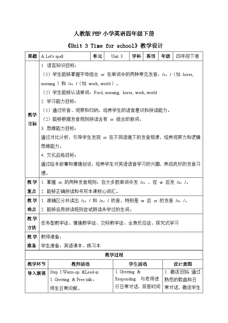 (新课标新教材)人教PEP四年级下册英语Unit 3 Time for school A Let's spell教学设计第1页