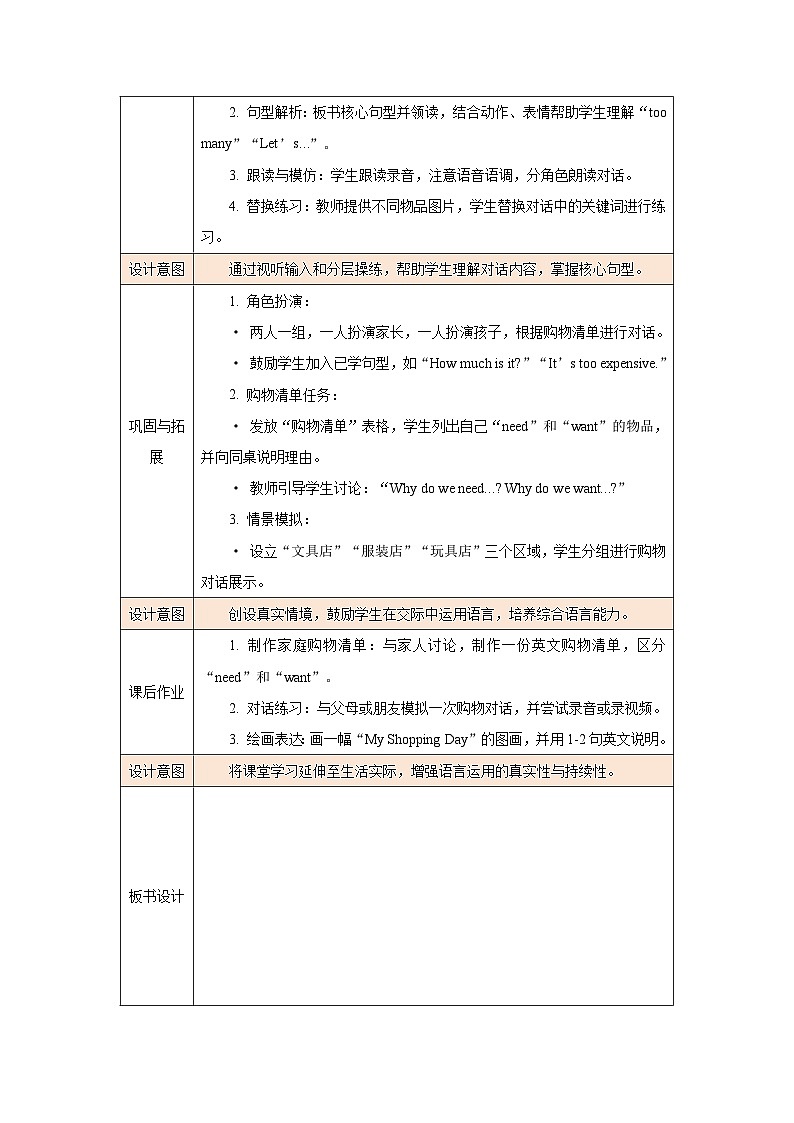 2026年人教版四年级英语下册 Unit 4 Going shopping 单元整体教学设计(表格式)第2页