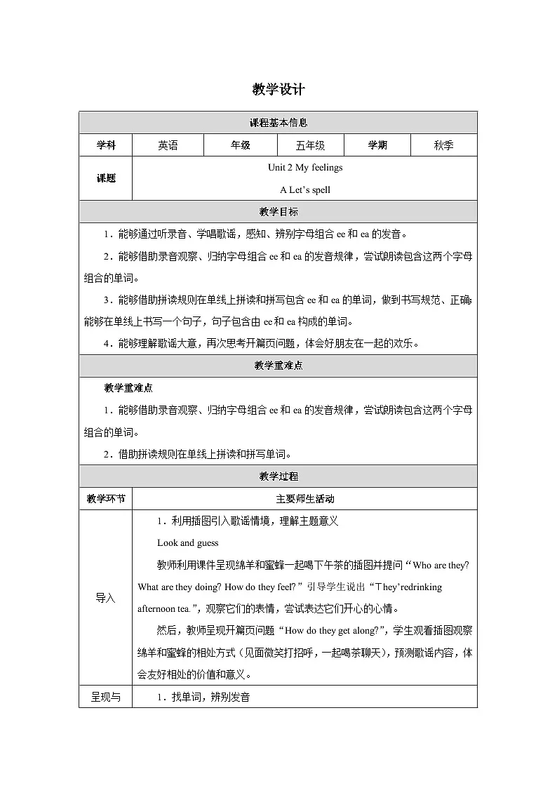 人教PEP2024版小学英语五上Unit2 Part A spell 表格式教学设计第1页