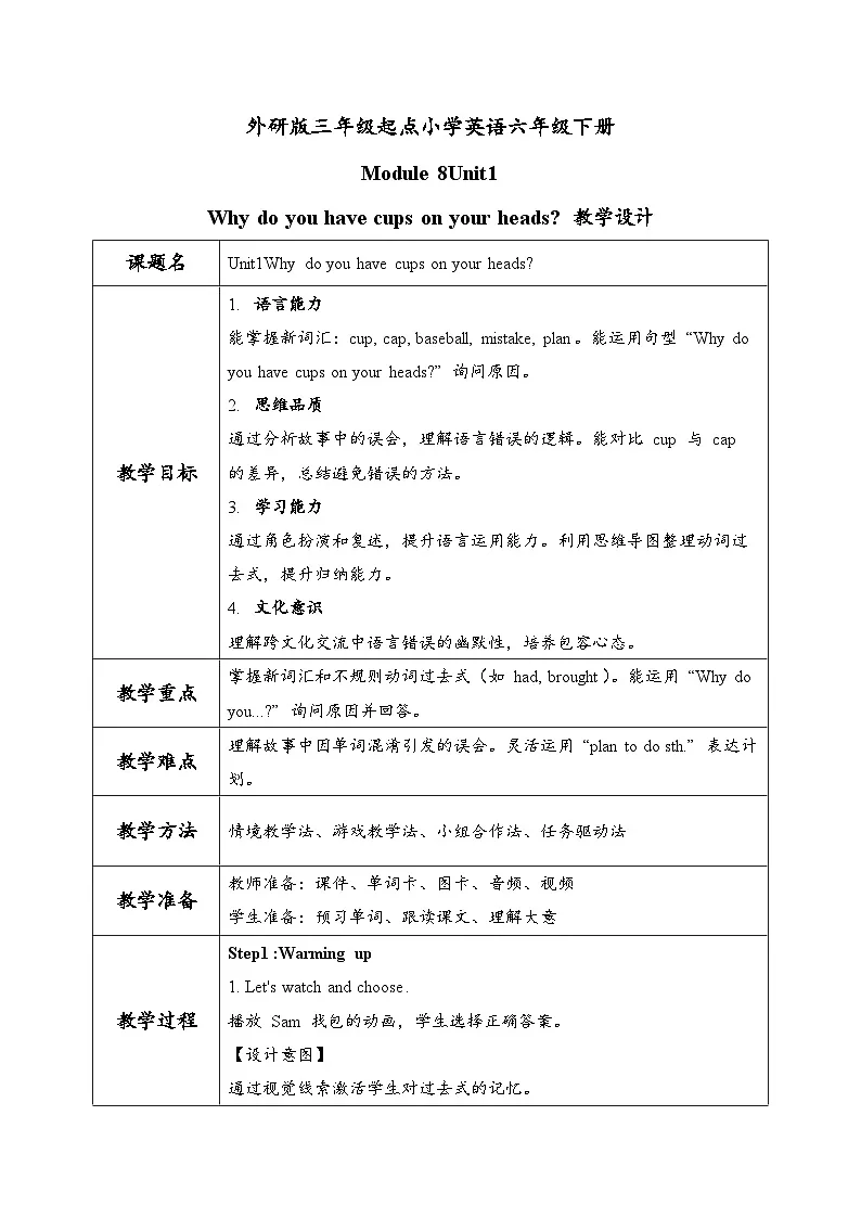 外研版三起六年级英语下册Module8 Unit1 Why do you have cups on your heads.(教学设计)第1页