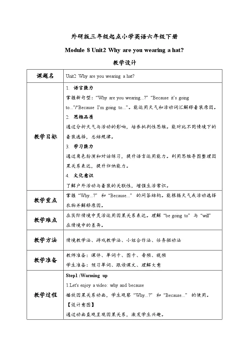 外研版三起六年级英语下册Module8 Unit2 Why are you wearing a hat.(教学设计)第1页