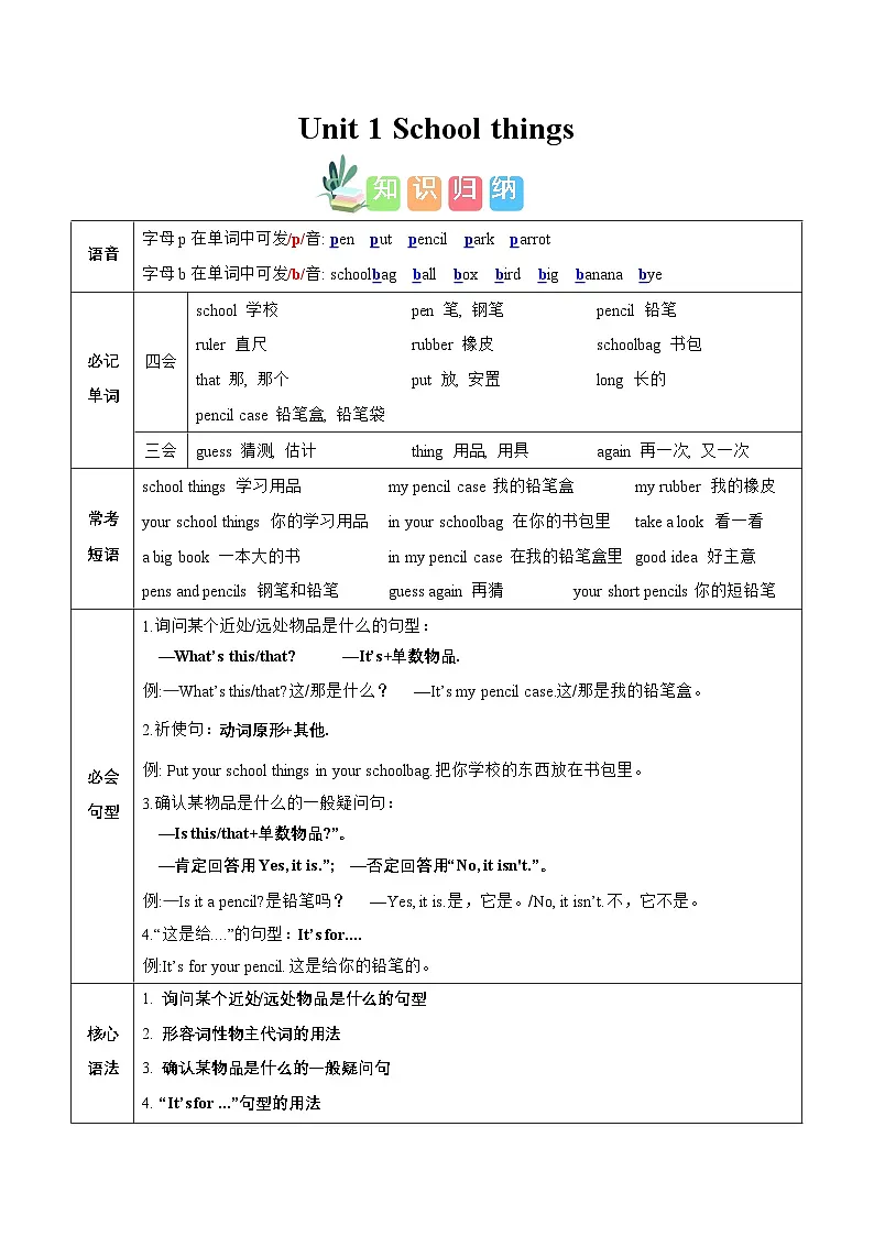 译林2024版小学英语三下Unit 1 知识清单 含答案第1页