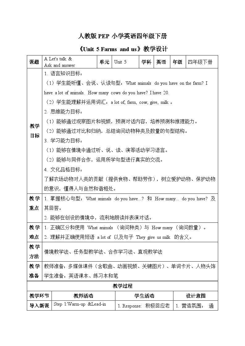 (新课标新教材)人教PEP四年级下册英语Unit 5 Farms and us A Let's talk & Ask and answer教学设计第1页