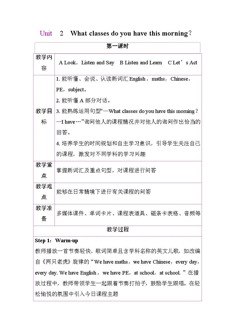 Unit 2 What classes do you have this morning 教学设计 (表格式) 湘少版英语四年级下册第1页