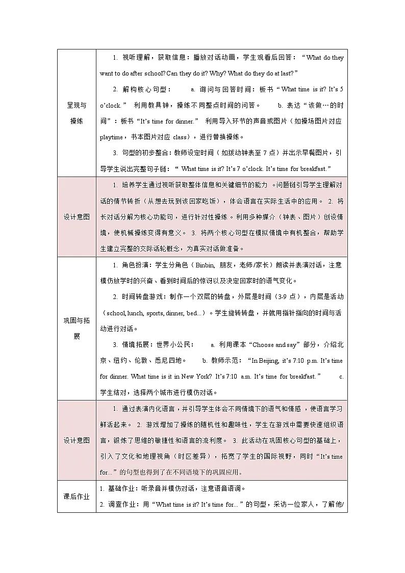 人教PEP2024版一起点小学英语四下Unit3 Time for school A Let’s talk表格式教学设计第2页