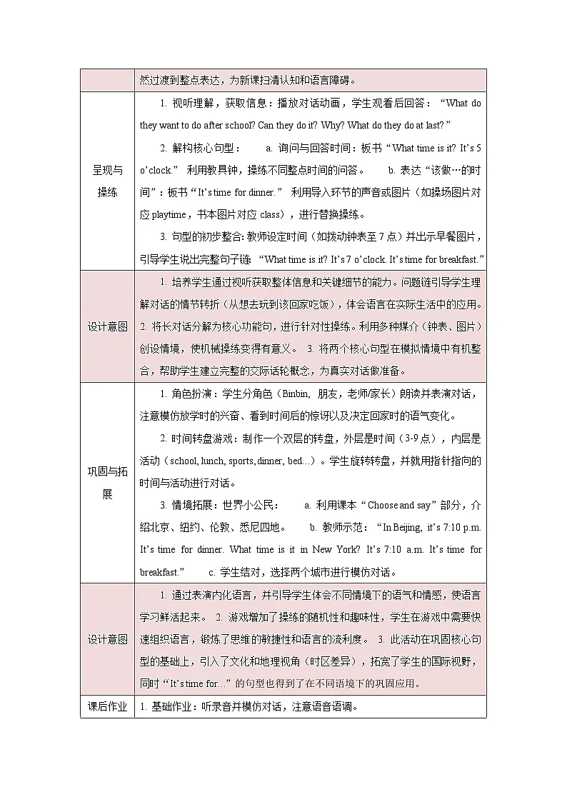 人教PEP2024版一起点小学英语四下Unit 3 Time for school A Let’s talk表格式教学设计第2页