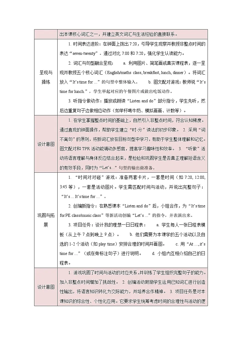 人教PEP2024版一起点小学英语四下Unit 3 Time for school A Let’s learn表格式教学设计第2页