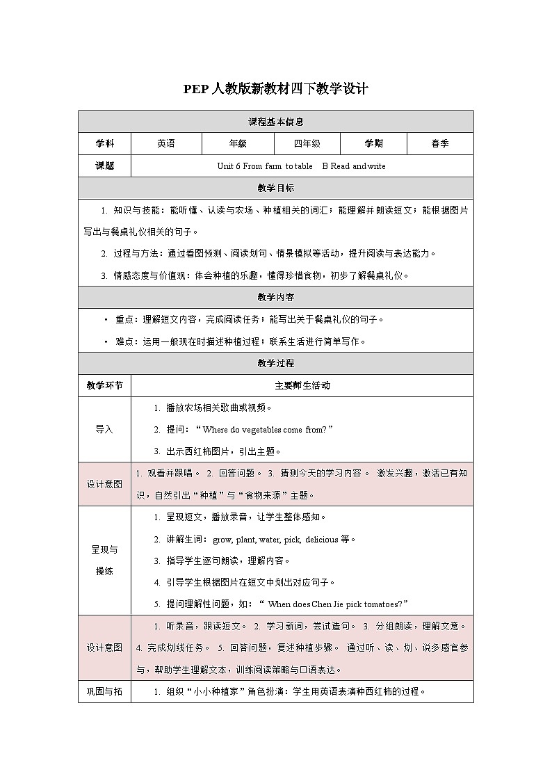 人教PEP2024版一起点小学英语四下Unit6From farm to table B Read and write表格式教学设计第1页