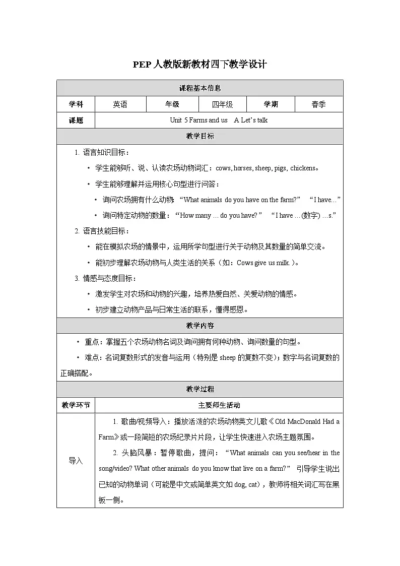 人教PEP2024版一起点小学英语四下Unit5Farms and us A Let’s talk表格式教学设计第1页