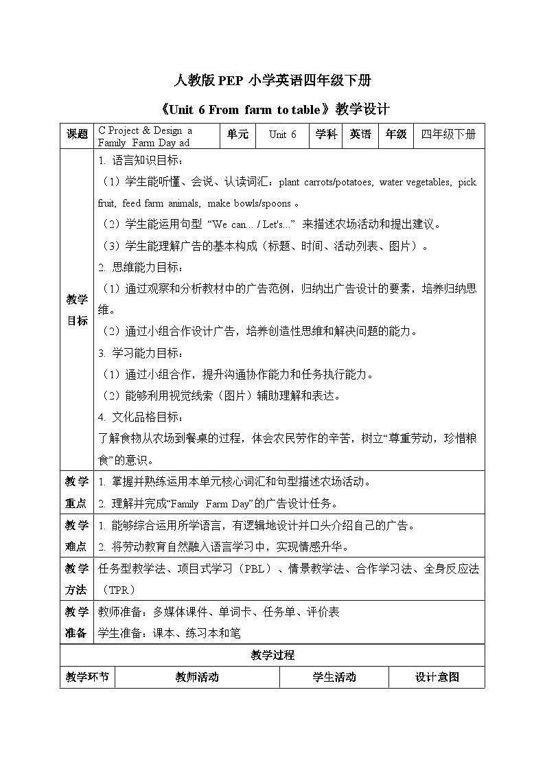 (新课标新教材)人教PEP四年级下册英语Unit 6 From farm to table C Project教学设计第1页