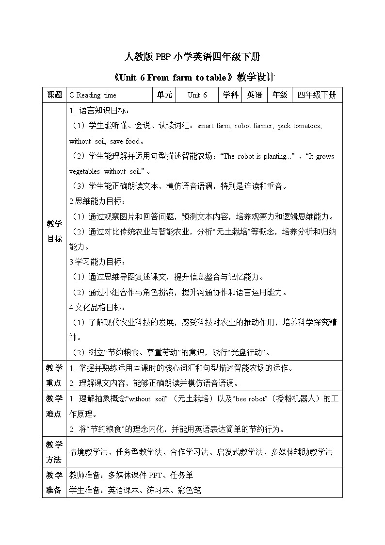 (新课标新教材)人教PEP四年级下册英语Unit 6 From farm to table C Reading time教学设计第1页