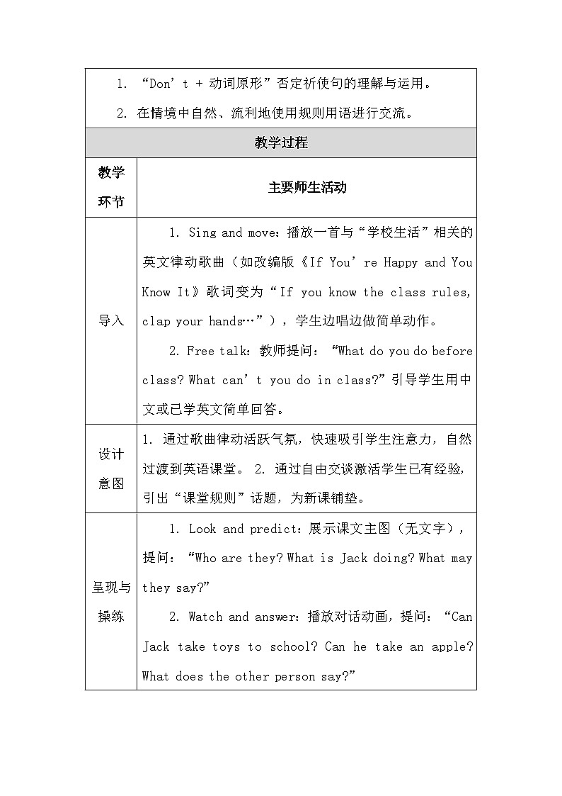 【新教材】人教PEP版(2024)四年级下册英语 Unit 1 Class rules 教案【表格式】第2页