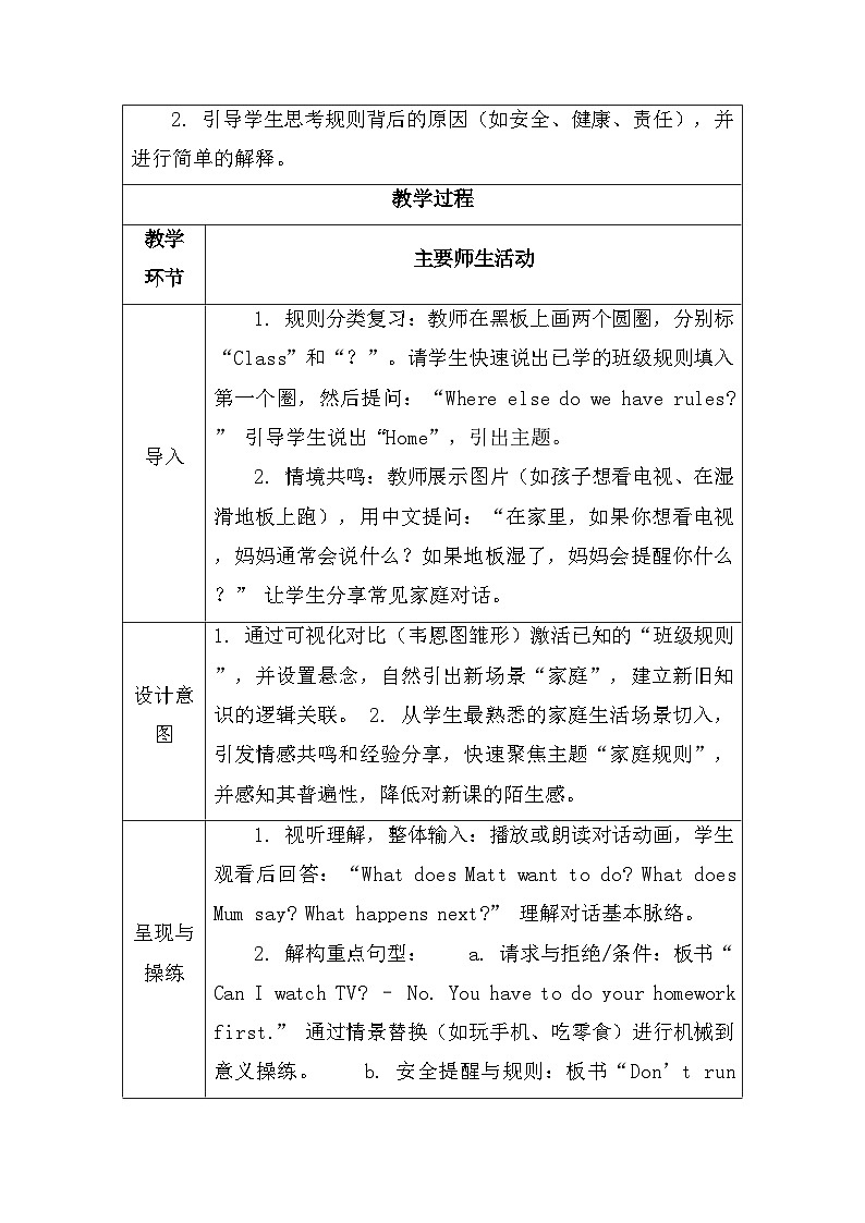 【新教材】人教PEP版(2024)四年级下册英语 Unit 2 Family rules A Let’s talk 教案【表格式】第2页