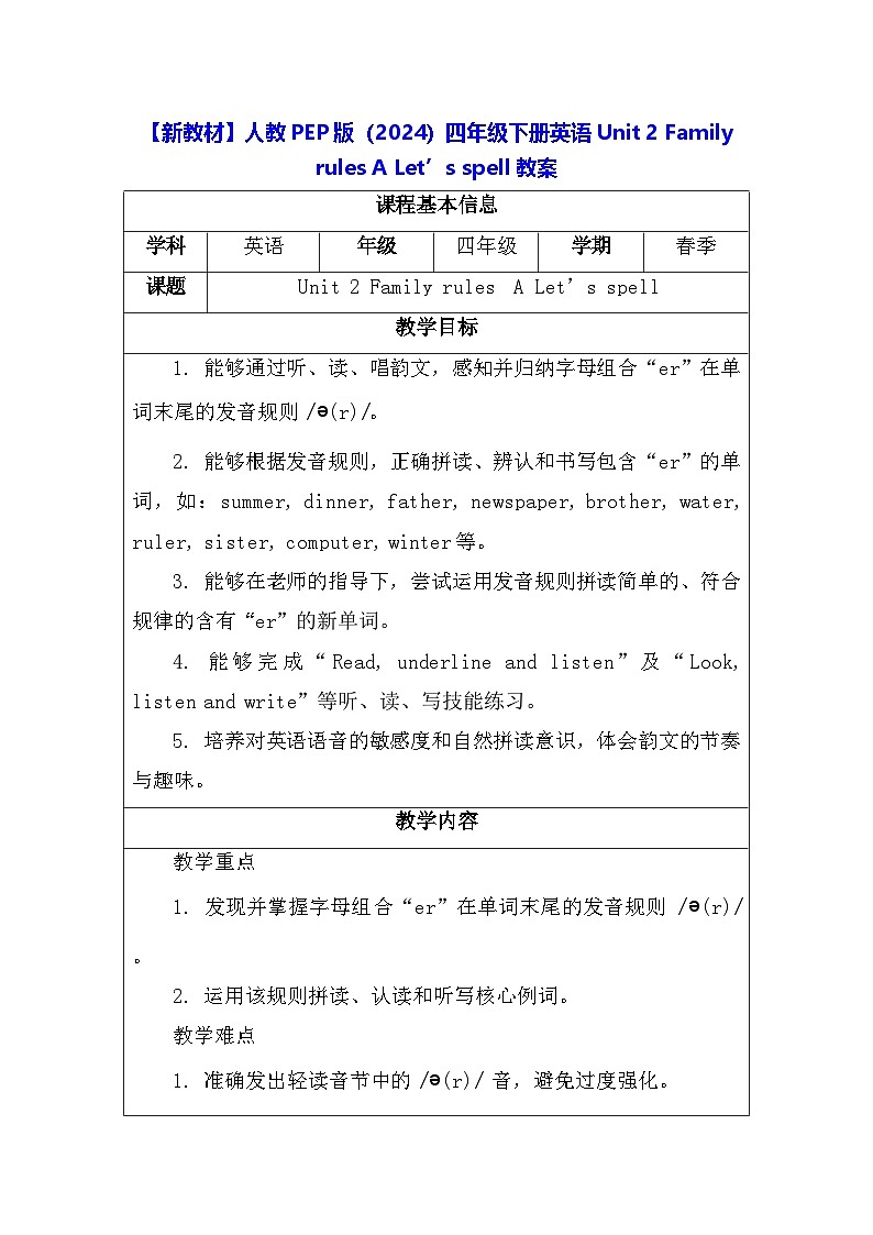【新教材】人教PEP版(2024)四年级下册英语 Unit 2 Family rules A Let’s spell 教案【表格式】第1页