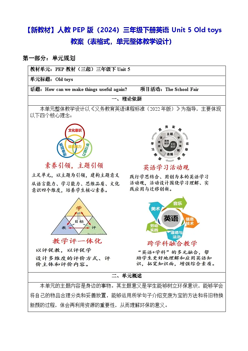 【新教材】人教PEP版(2024)三年级下册英语Unit 5 Old toys教案(表格式,单元整体教学设计)第1页