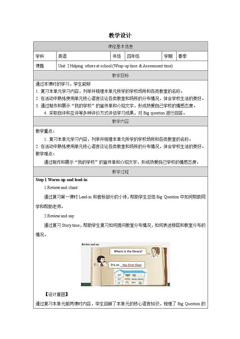 Unit 2:Wrap-up time & Assessment time 教学设计表格式——2025-2026学年四年级下册《英语》译林版第1页