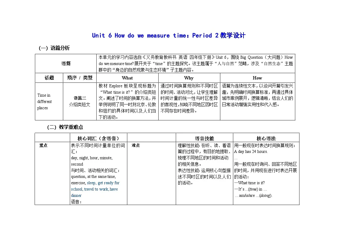 Unit 6 :Period 2教学设计表格式-2025-2026学年四年级下册《英语》沪教牛津版六三制一起(2024)第1页
